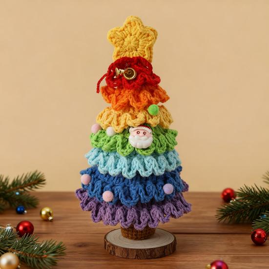 Yousheng Crochet Christmas Tree Small Handmade Multi-layered Knitting Xmas Tree with Woodgrain Base for Winter Tabletop Home Room Party Decor