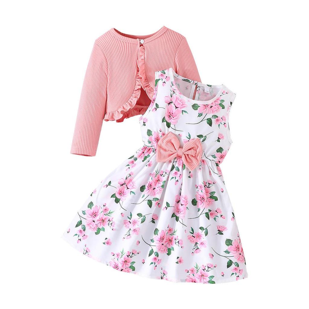 Kinder 2-8Y Röcke Frühling und Herbst Modelle Baby Bunte Neckholder Kleid + Einfarbig Jacke Mode Baby Anzug