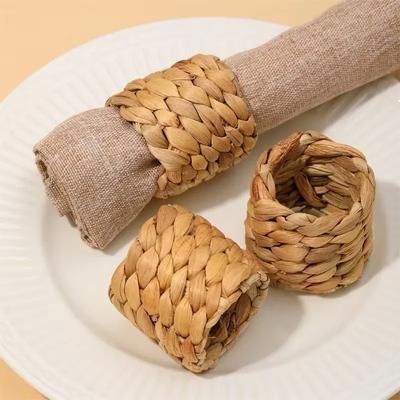 1-48PCSHandmade Water HyacinthNapkin Rings Natural Woven Holder FarmhouseTable Decor for Thanksgiving Wedding Dining Accessories
