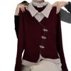 Elegant Red Patchwork Two-Piece Look Long Sleeve Lapel T-Shirt - Spring 2026 Collection