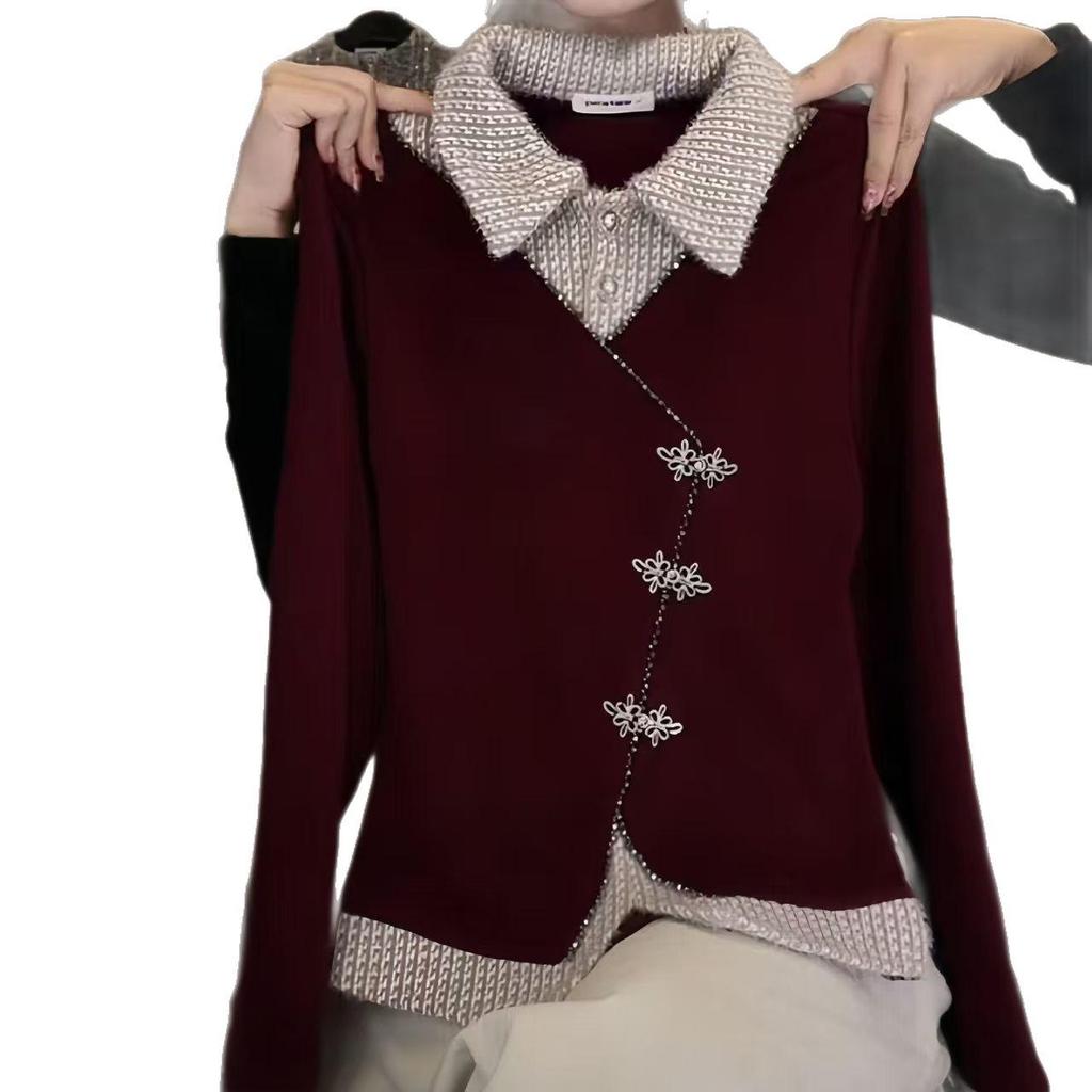 Elegant Red Patchwork Two-Piece Look Long Sleeve Lapel T-Shirt - Spring 2026 Collection