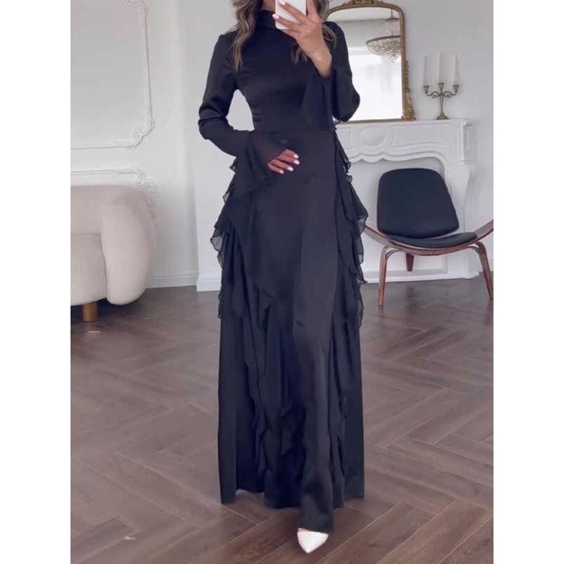 And American Foreign Trade Women's Clothing Cross-Border Amazon Autumn Crew Neck Bell Sleeve Temperament High Waist Slimming Patchwork Dress Women
