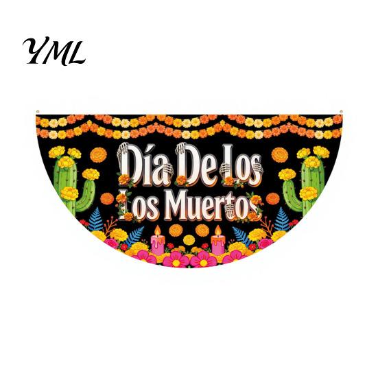 Durable Polyester Bunting Day of The Dead Skull Banner, Marigold Print Fiesta Decorative Wall Hanging Flag, Colorful Sugar Outdoor Yard Party