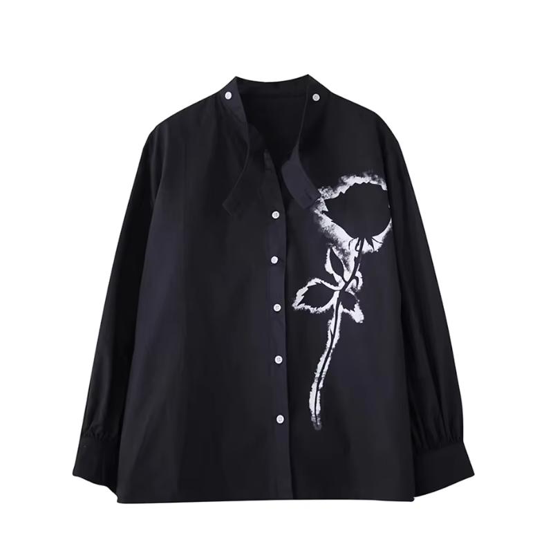 

XITAO Принт Однобортная рубашка с V-образным вырезом GMM1275 One Size чёрный