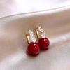 Retro Red Zirconia Pearl Flower Earrings - High-End Hong Kong Style Studs for Women