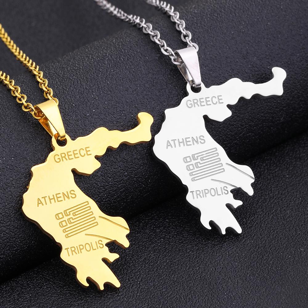 Greece Map Flag Pendant Necklace Stainless Steel Gold Silver Color Hellenic Republic Men Women Map Jewelry Patriotic Gift