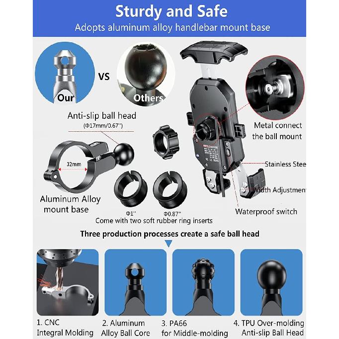 KEWIG Motorcycle Phone Mount Qi 15W Wireless & USB C 20W Fast Chargeing Port, Automatically Lock & Quick Release Handlebar Cell Phone Holder For