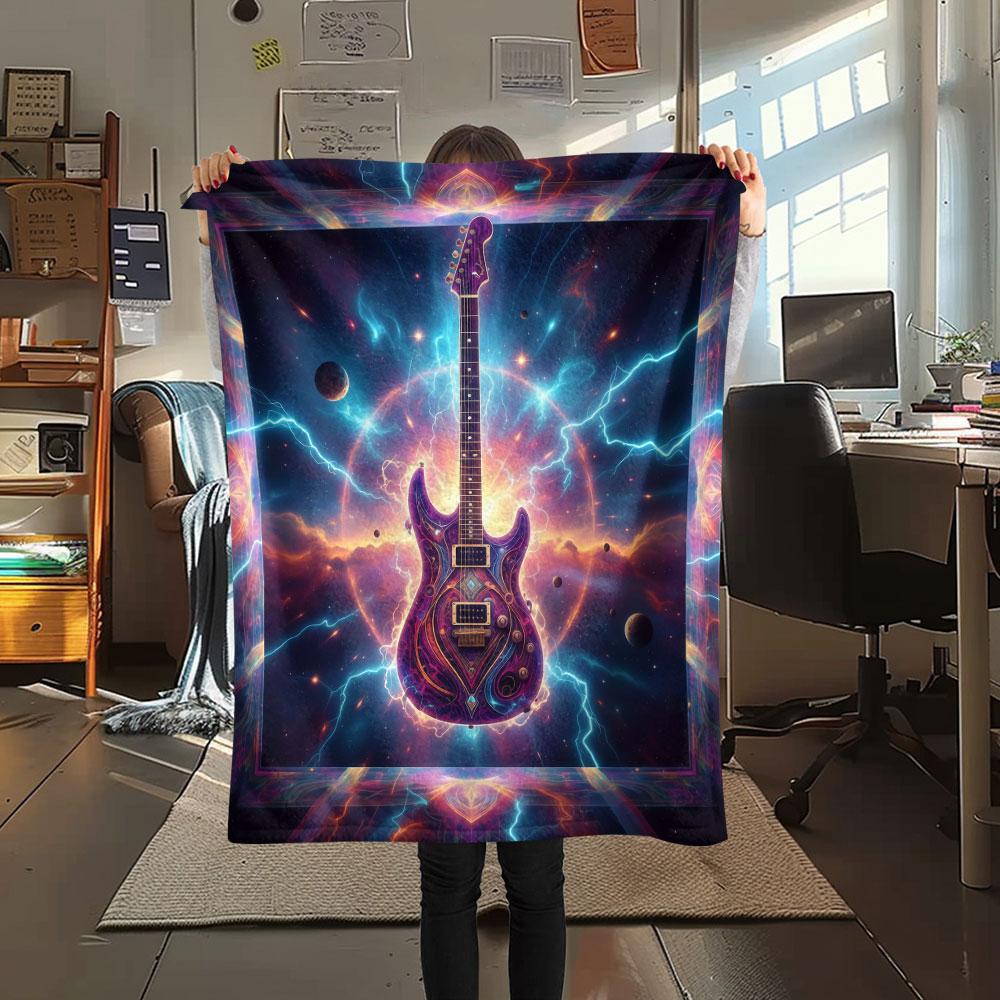 1Pc Vintageguitar Print Flannel Blanket, High quality Comfortable for All Seasons, Home Decor, Warmth and Comfort, Perfect for Christmas Gifts