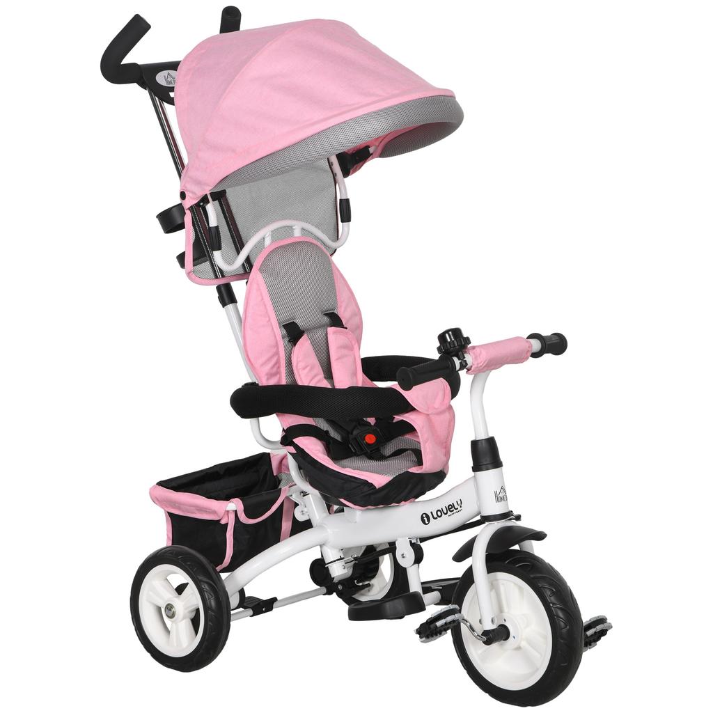 6 In 1 Kids Trike Push Bike W/ Push Handle, Canopy, 5-point Seat Belt, Storage, Footrest, Brake, for 1-5 Years, Pink