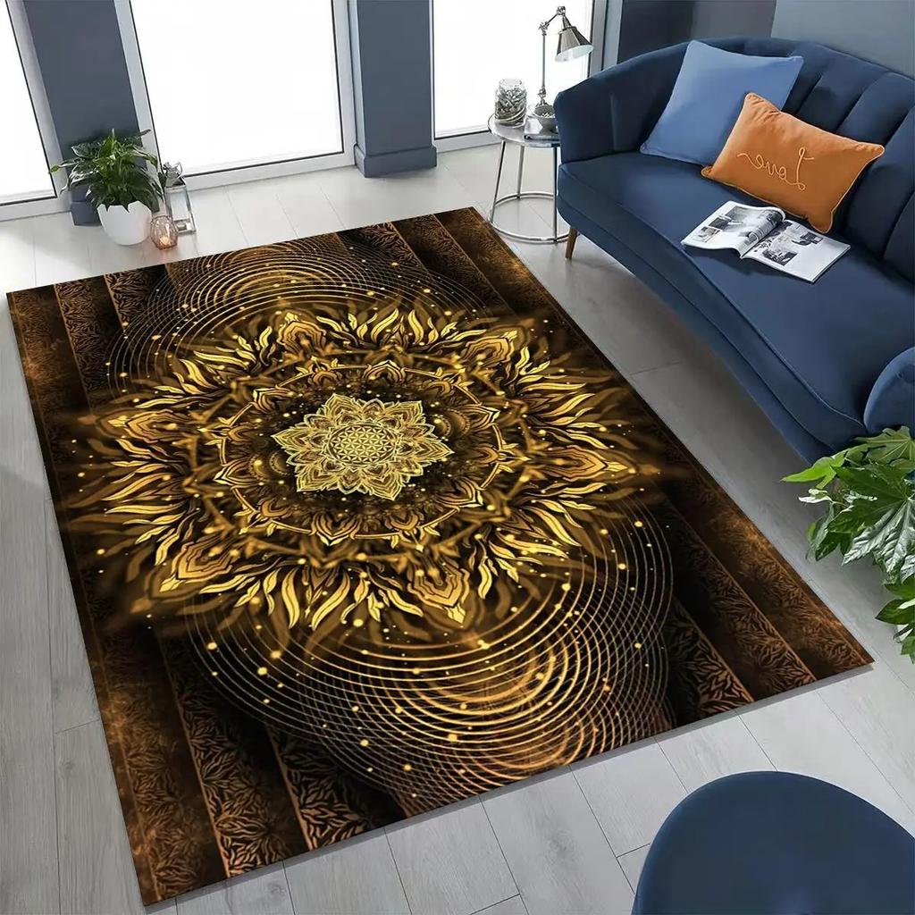 Bohemian Luxurious Black Gold Carpet 2D Floral Three-dimensional Printed Carpet Ethnic Style Anti-slip Mat Yoga Meditation Mat