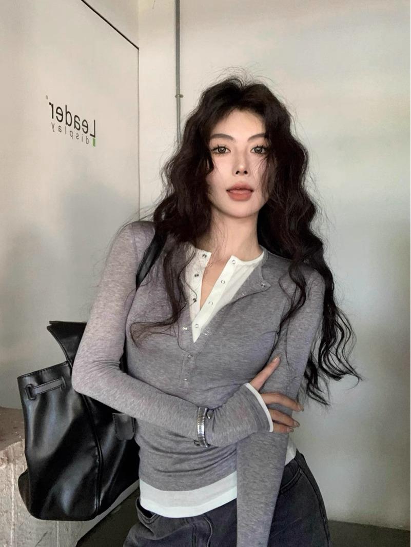 

Elegant Korean Style Faux Two-Piece Long-Sleeve Women s T-Shirt, Slimming Base Layer Top - 2025 Autumn Arrival Large сірий колір