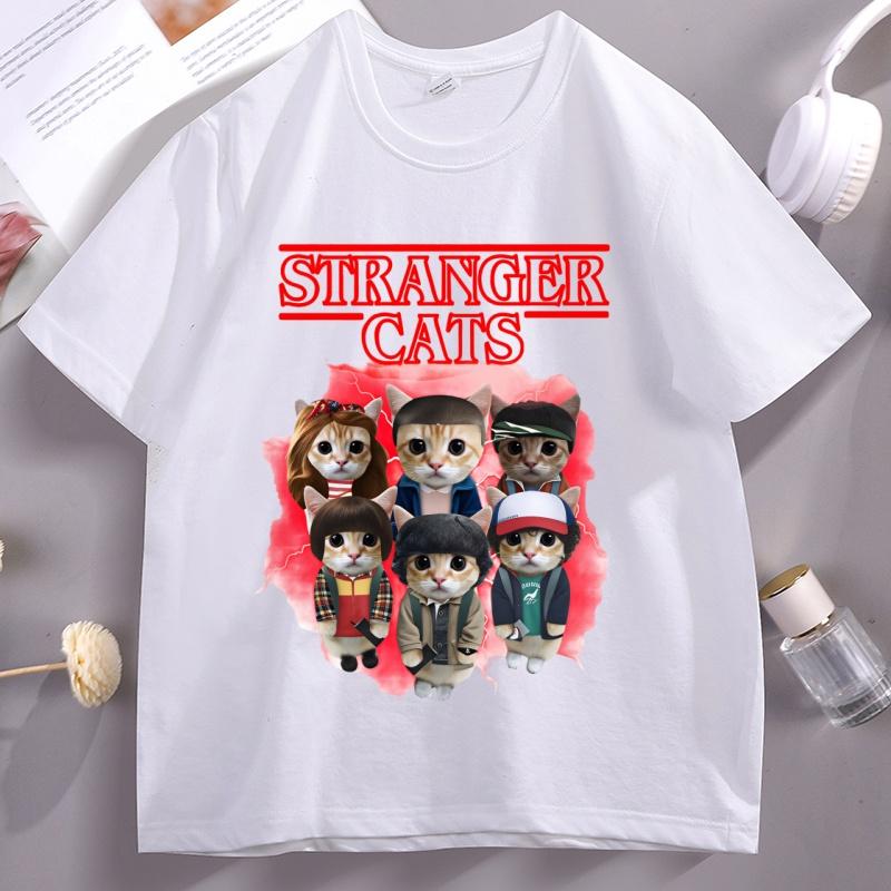 Stranger Cats T Shirt Unisex Unisex Funny Cat Lover Tee Cat Mom Gift Clothes Parody Graphic Tee Summer Round Neck Short Sleeve Tops