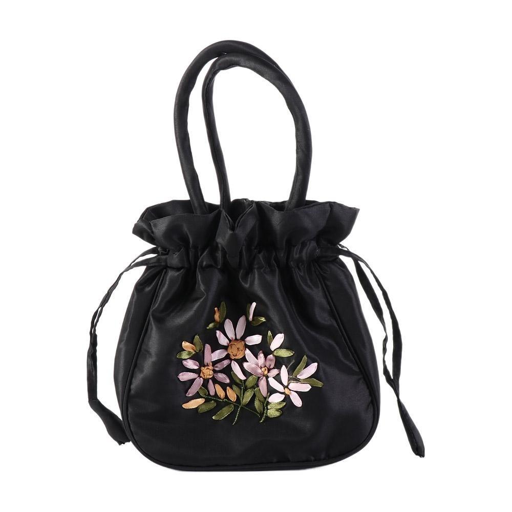 Satin Silk Hanfu Drawstrings Bag Leaf Small Purse Wallet Fashion Embroidery Flower Handbag Daily