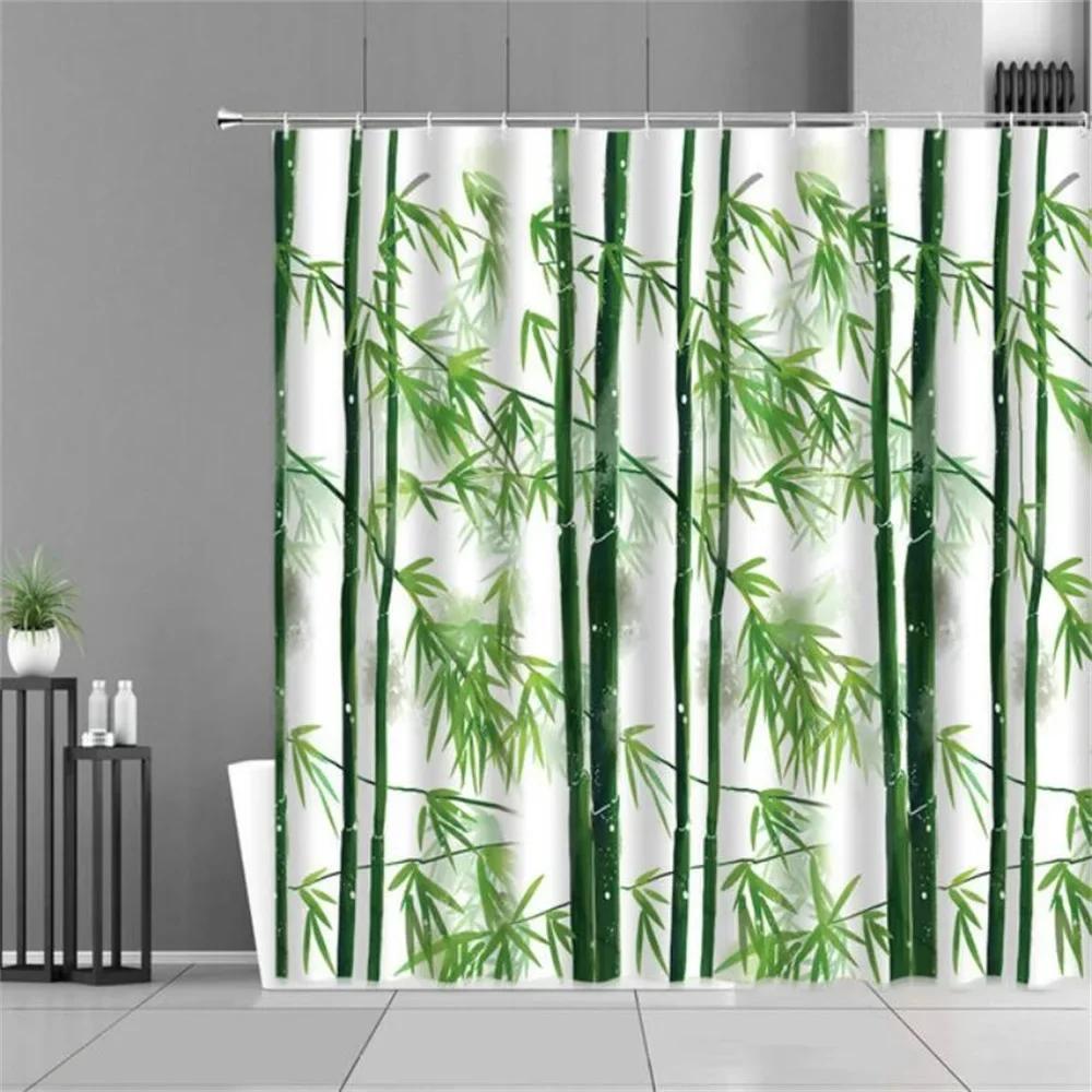 Zen Green Bamboo Shower Curtains Stone Buddha Lotus Candle Asian Japanese Spa Garden Scenery Bath Curtain Fabric Bathroom Decor