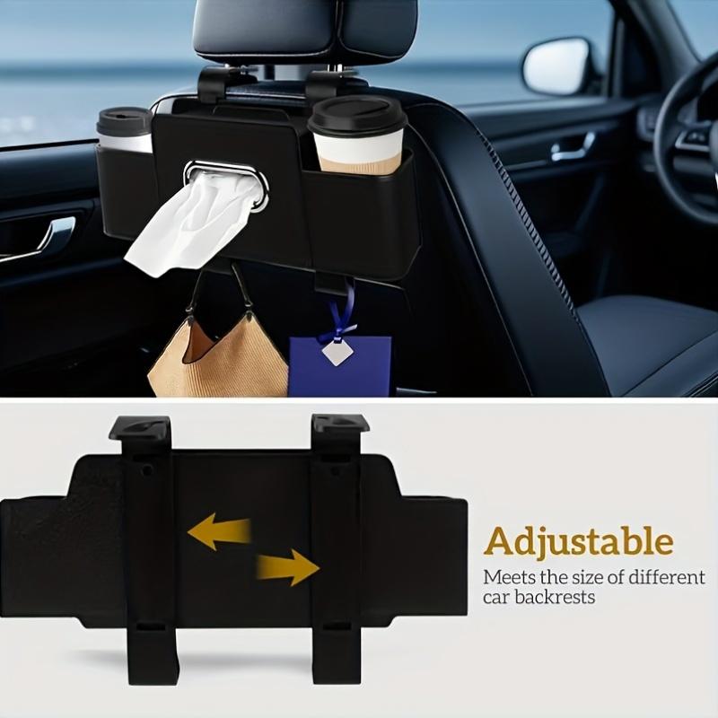 Multifunctional Storage Box for Car Seat Backs,  Adjustable Hooks, Dual Compartments for Drinks, Snacks,Easy to Install