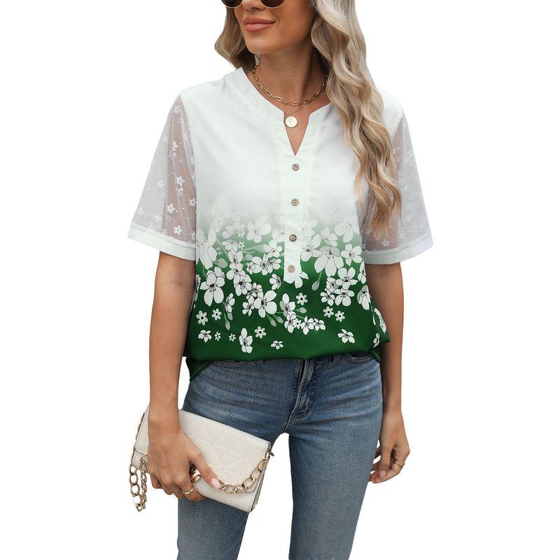 

2025 Printed Chiffon Shirt Patchwork Lace Sleeves Top Dark green XXL