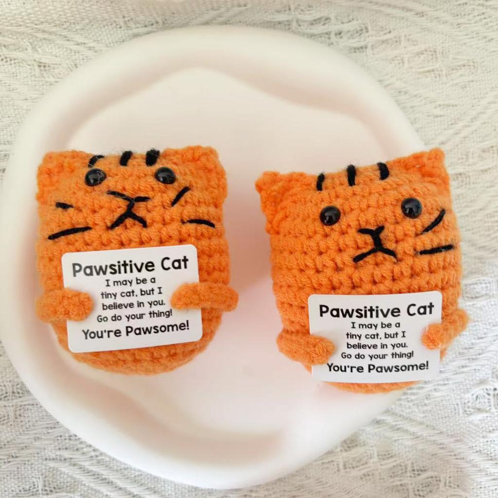 Positive Energy Cat Hug Pocket Doll Mini Handmade Plush Wool Knitting Doll With Card Funny Christams Gift Home Room Decoration