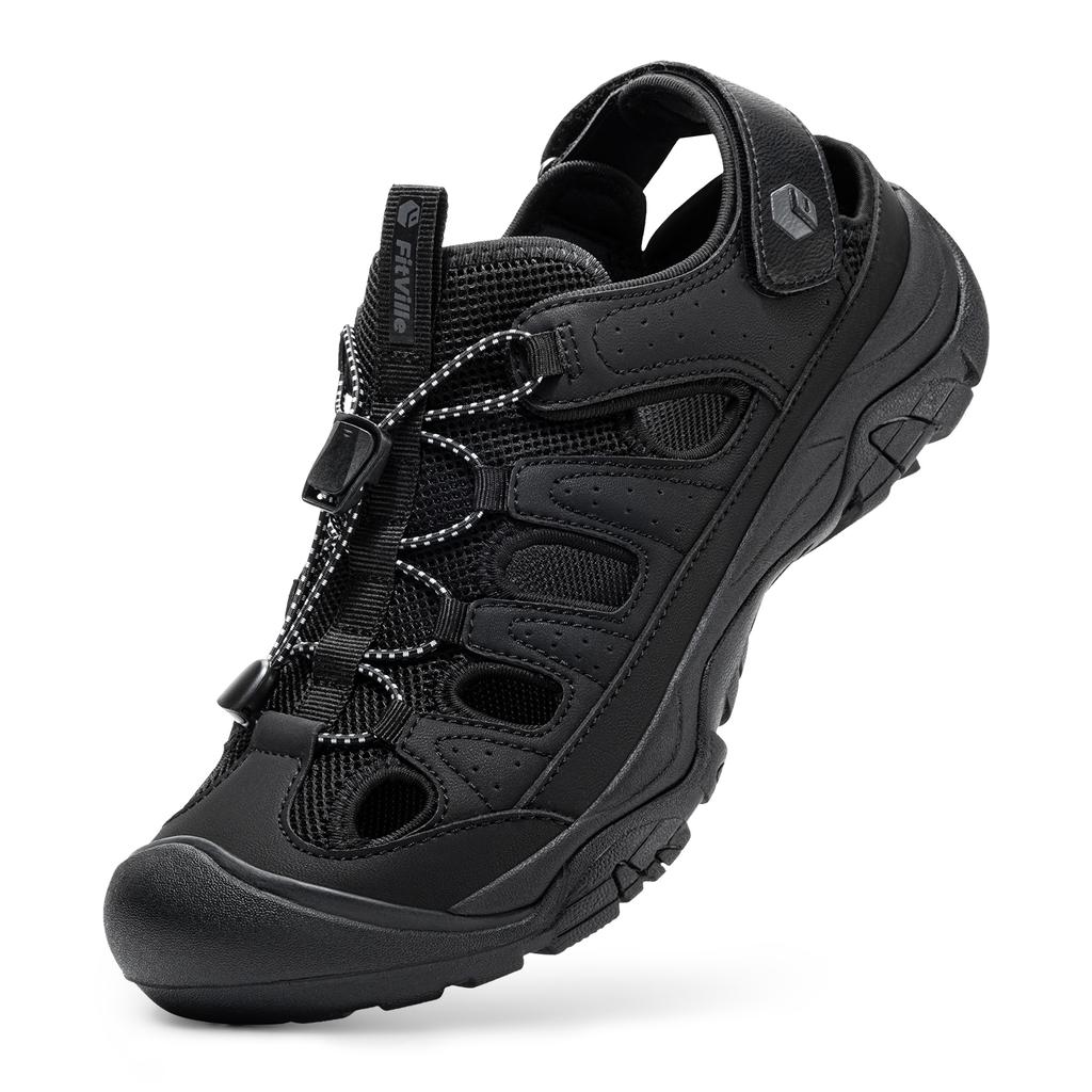Fitville Wide Width Mens Sandal Shoes Closed-Toe Trekking Water Sandal Shoes With Arch Support For Swollen Feet Anti-Skid Summertime Shoes