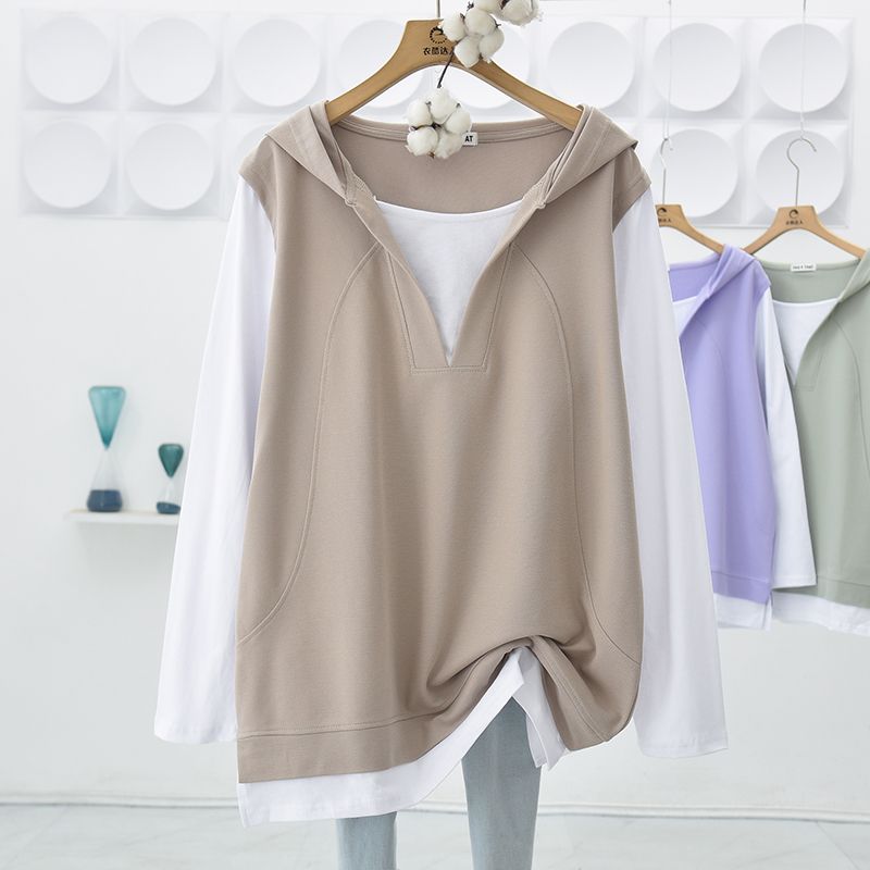 Felpe con cappuccio da donna taglie forti primavera autunno maniche lunghe finto due pezzi top casual larghi felpa con cappuccio oversize