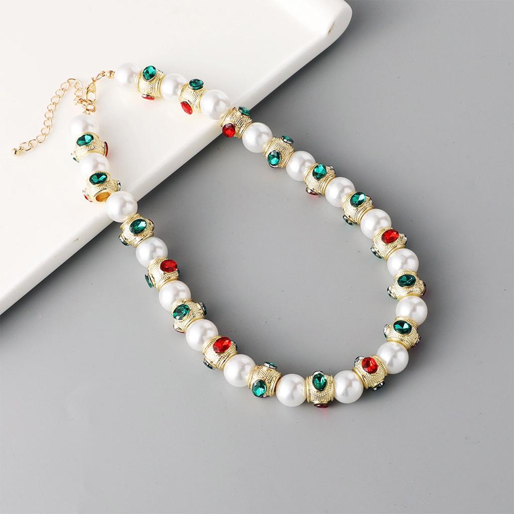 Vintage Heavy Craftsmanship Glass Pearls Necklace With Red Green Gemstones Designs Zinc Alloy Jewelry for Women