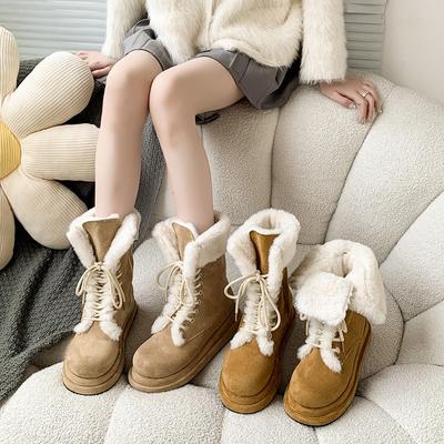 Retro Furry Snow Boots Women's 2024 Winter New Thick Soled and Fleece Warm Mid-calf Strap Riding Boots