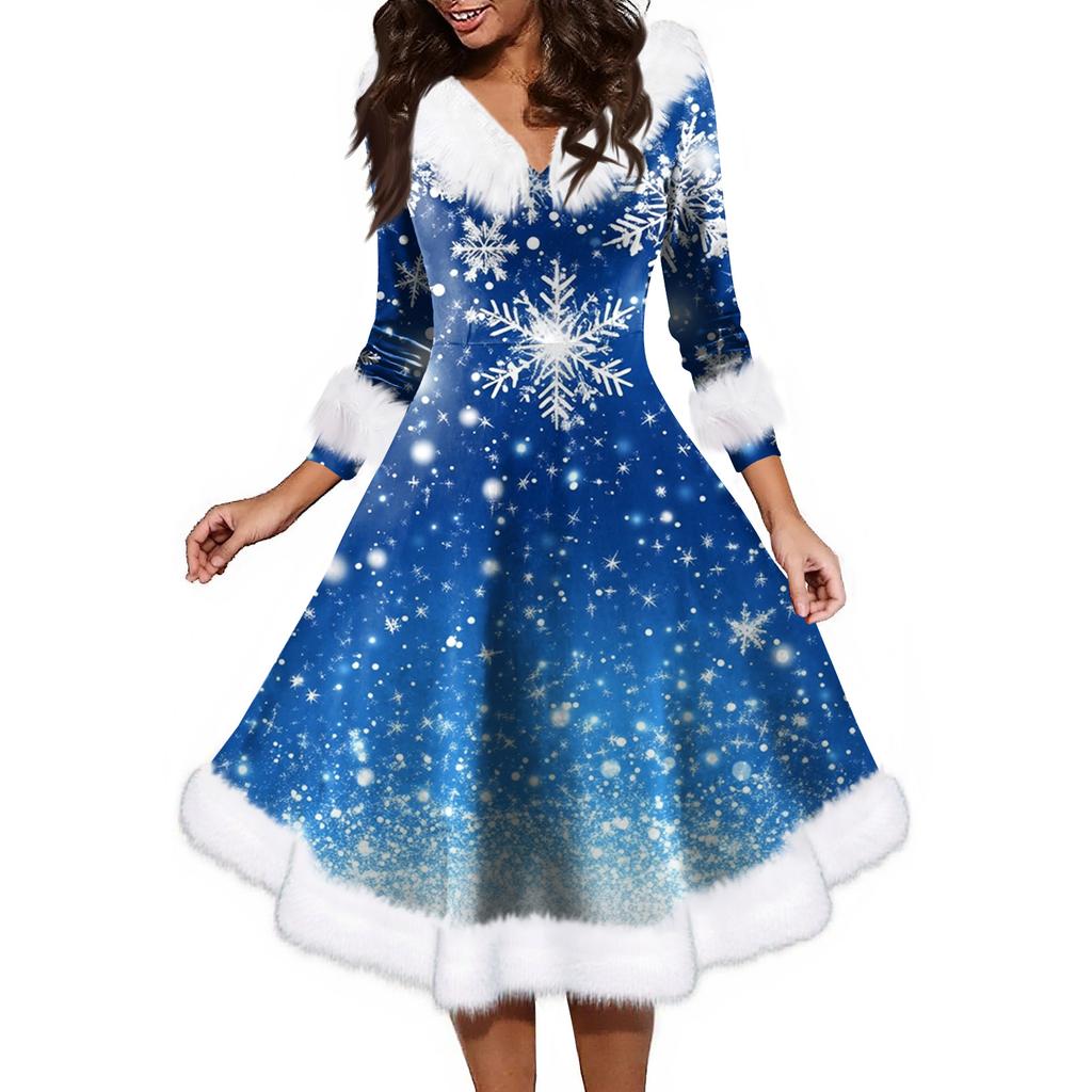 Women's Fashion V-neck Casual Fit Christmas Print Party Long Sleeve Dress