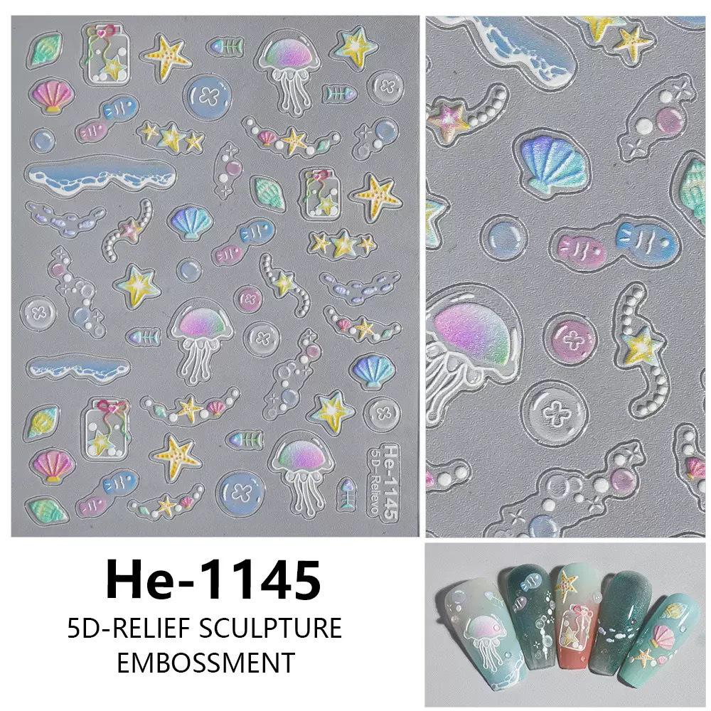 5D Ocean Series Summer Nail Stickers: Starfish, Jellyfish, Shell & Mermaid