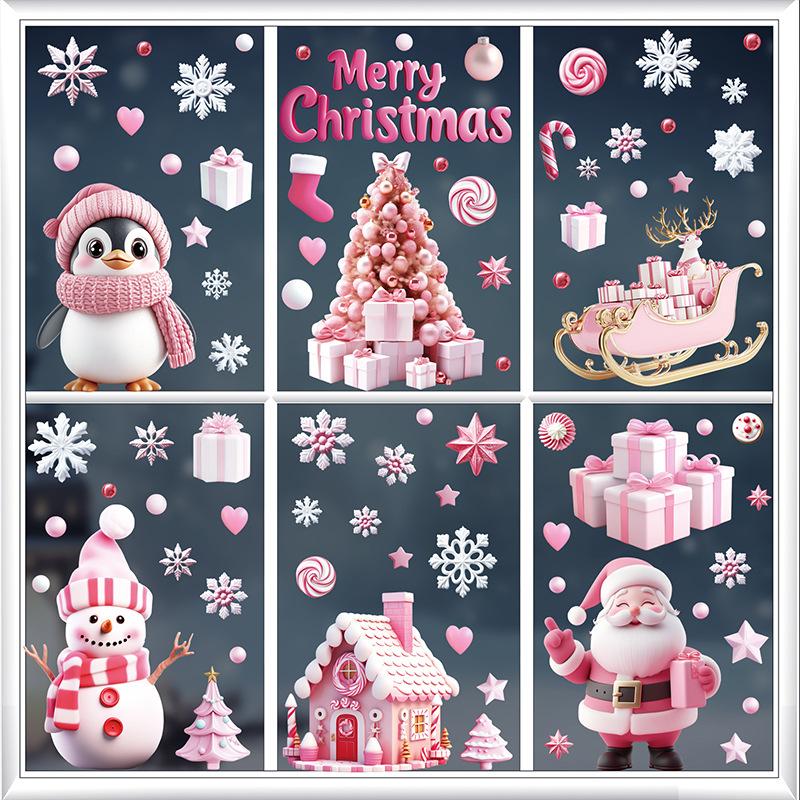 Pink Christmas Wall Stickers Christmas Trees Christmas Wooden Houses Static Stickers Festival Party Decor Glass Stickers