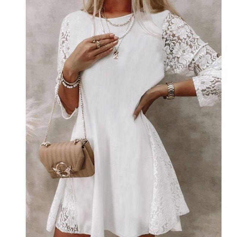 

Fashion Summer New round Neck White Lace Patchwork Lace Sleeve Tight Waist 3/4 Sleeve Dress Dress Dress Dress White 3XL