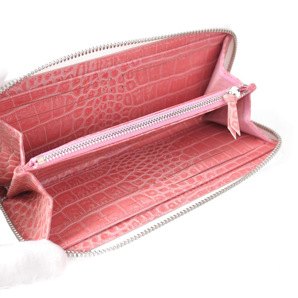 Nallyda Crocodile-Embossed Leather Long Wallet (White with Pink Interior)