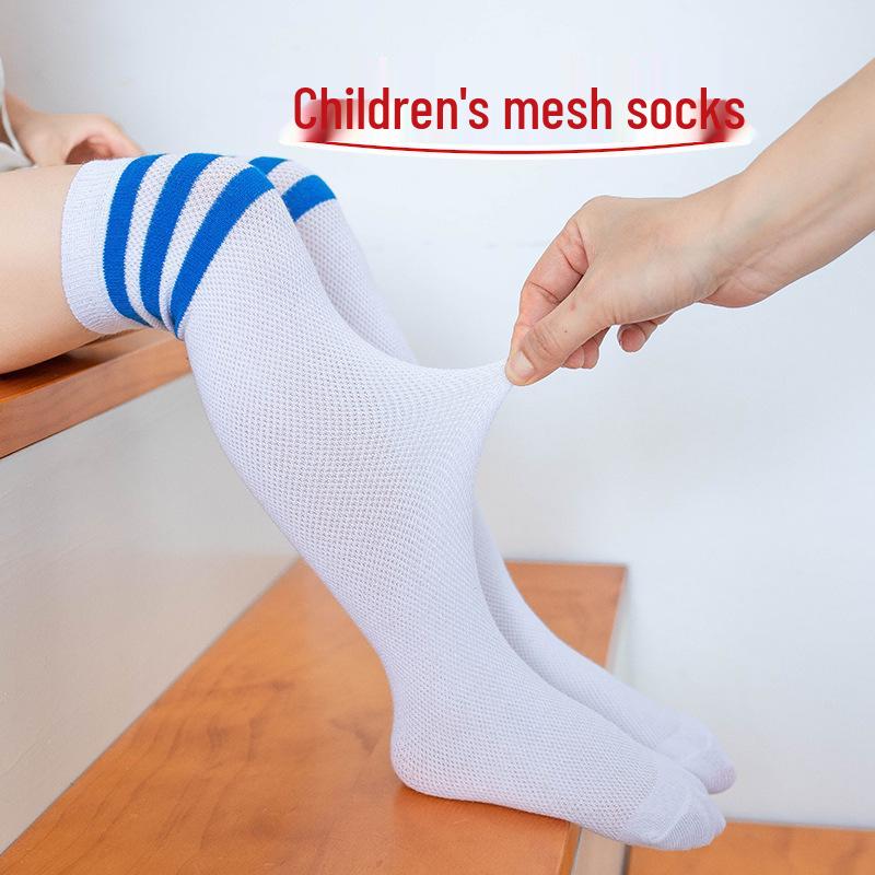 Kids' Three-Stripe Mesh Mid-Calf Cotton Slouch Socks - Breathable Spring & Summer Over-the-Knee Football Socks