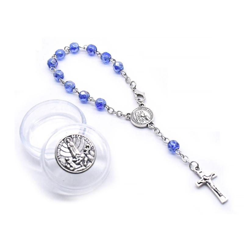 QIGO One Decade Rosary Crystal Bracelet Crucifix Cross Religious Jewelry With Fatima Box For Men Women
