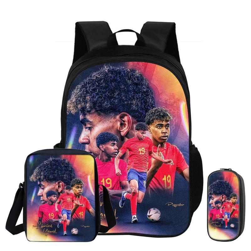 Sac à Dos Enfant L-Lamin Yamal Étoile de Football Set de 3 Pièces Sac à Dos d'École Trousse à Crayons Sac de Transport Scolaire avec Boîte à Lunch Sac à Dos de Sport Cadeau pour Enfants