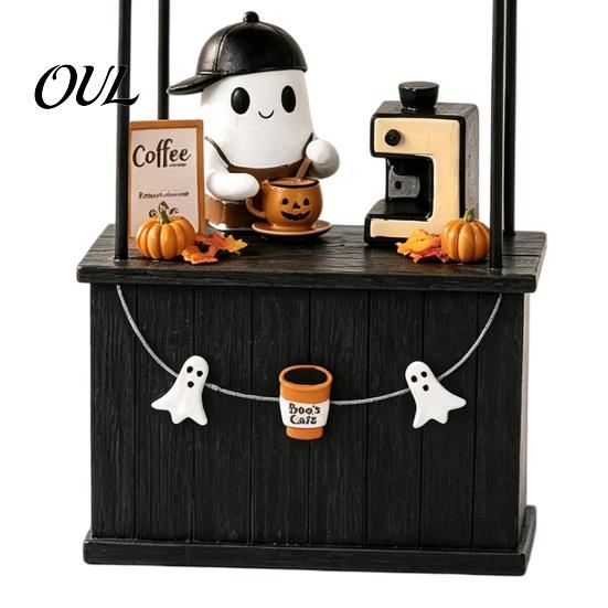 Handcrafted Resin Miniature Scene Halloween Ghost Coffee Bar Figurine, Spooky Statue for Tiered Tray Seasonal Ornament Shelf Desk Tabletop,