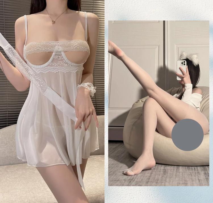Sexy pure desire high sense hollow lace eye mask splicing mesh dress thin perspective low chest suspender short skirt