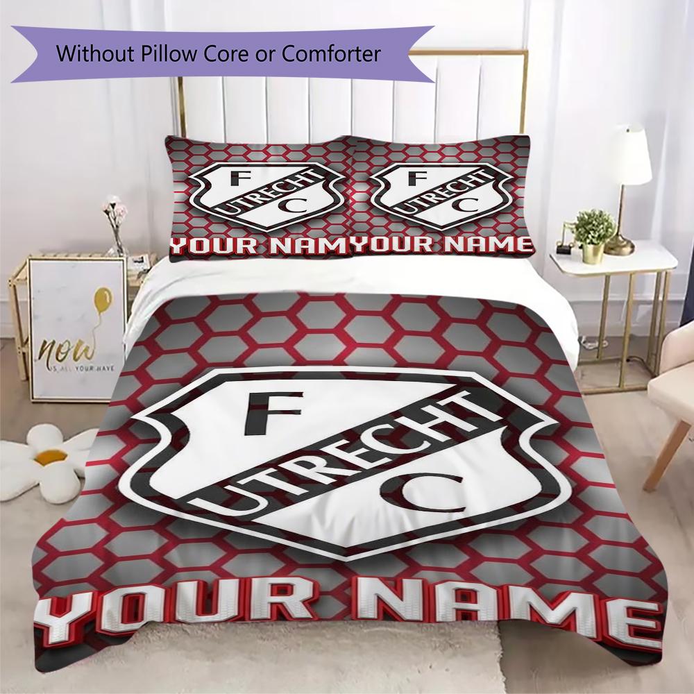 Benutzerdefinierter Name FC Utrecht Muster Bettwäsche Steppdecke Set Steppdecke Bezug Kissenbezug Heimdekoration Geburtstagsgeschenk (1*Bettbezug+2*Kissenbezug ohne Füllung)