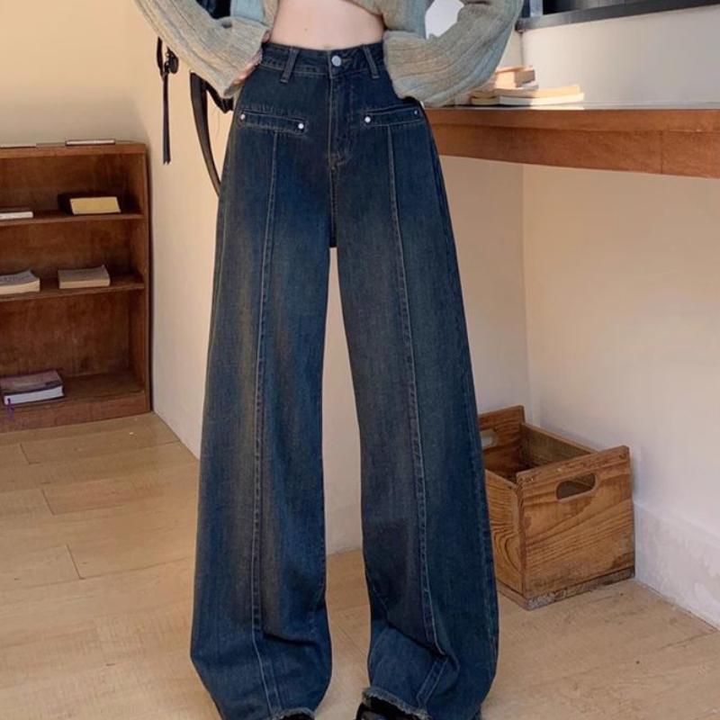Women's American Retro Denim Jeans for Spring Autumn with Design Sense High Street Loose Slimming High Waist Straight Leg Wide Leg Floor-length Pants