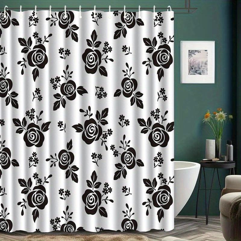 1pc Black and white rose patterned shower curtain, polyester fabric, machine washable, with hooks, suitable for bathroom décor.