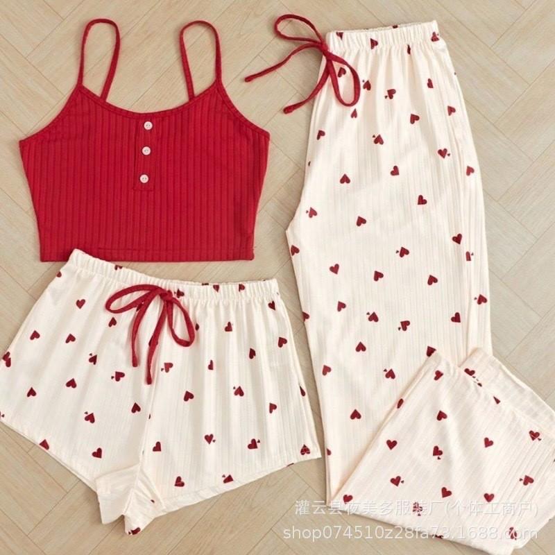 Sladká broskvová srdíčková pyžamová souprava: Dámský jarní/letní třídílný set s dívčím tílkem - Pohodlné, krásné a sexy domácí oblečení.