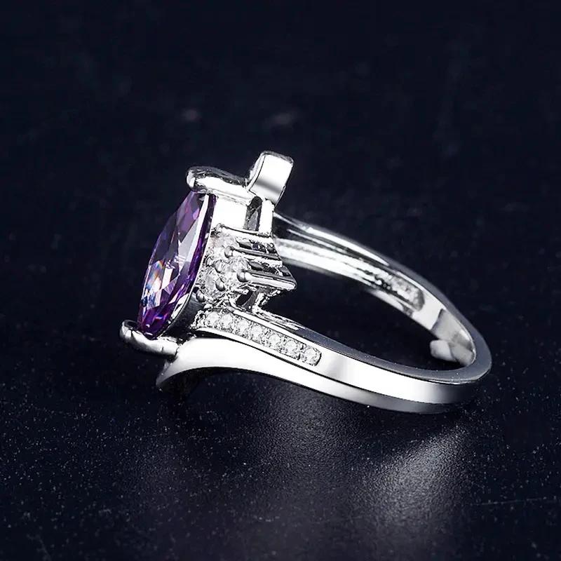 Huitan Charming Marquise Purple CZ Rings for Women Luxury Wedding Band Accessories Personality Cocktail Party Female Jewelry