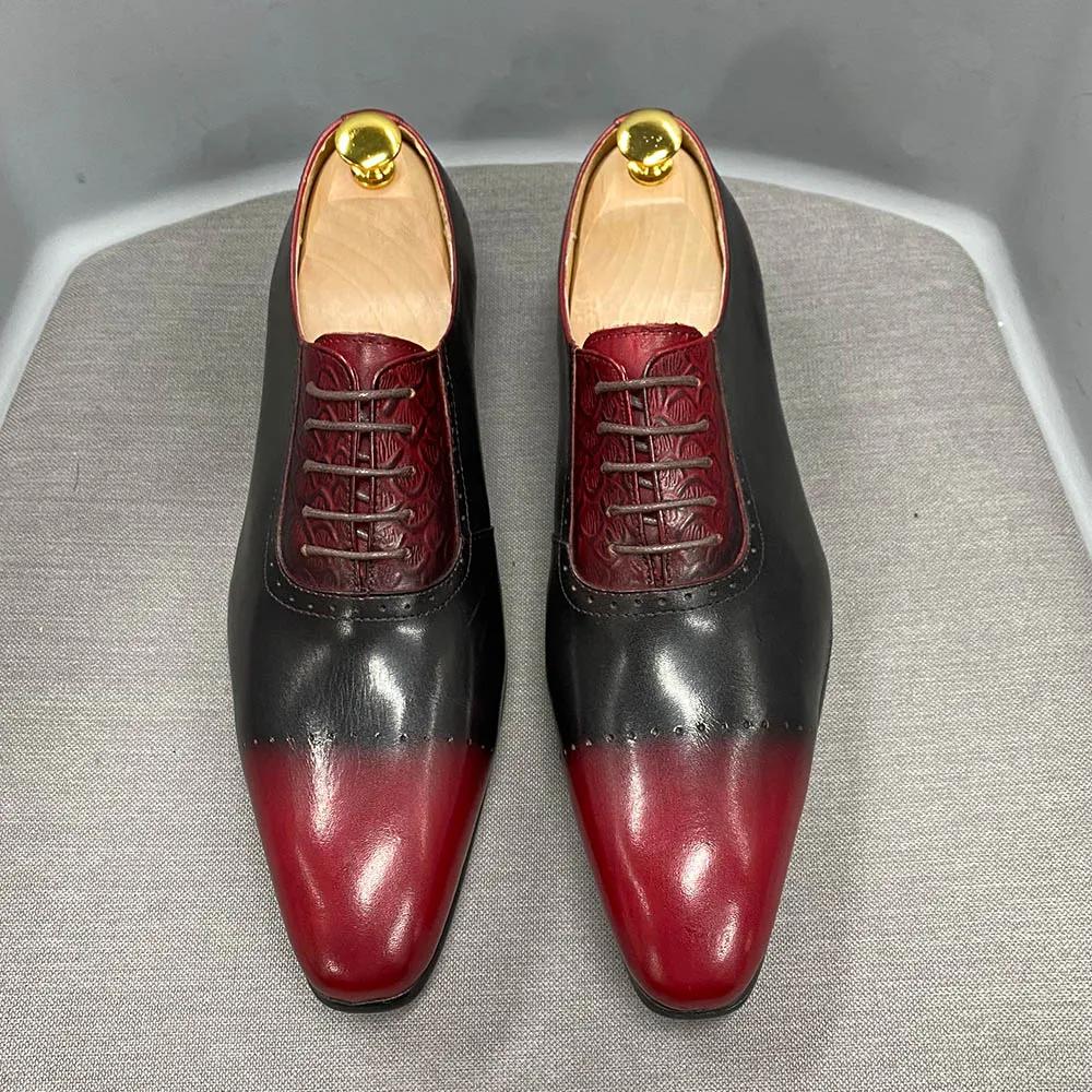 Luxury Brand Men Genuine Cow Leather Oxford Shoes Pointed Toe Red/Black Formal Dress Shoes Lace-Up Office Wedding Shoes for Men