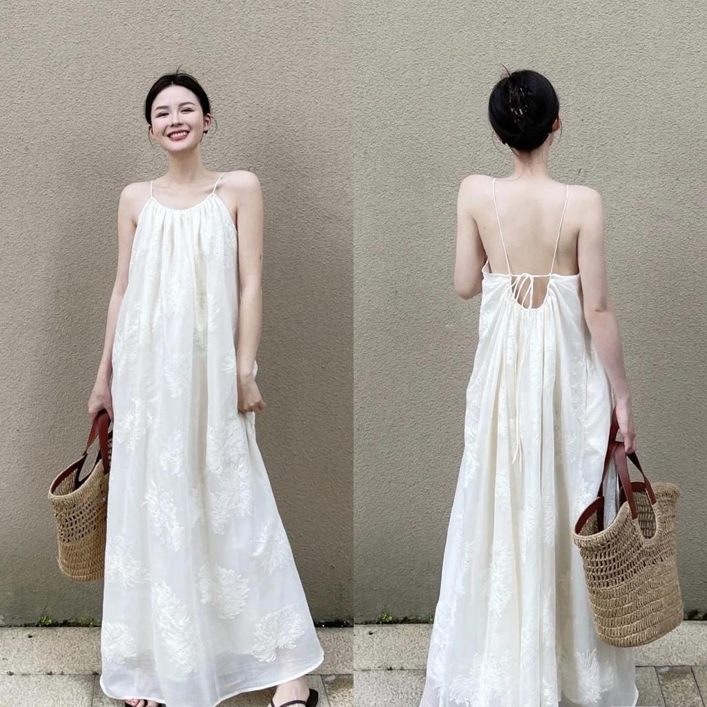 Elegant 3D Embroidered Ramie Suspender Dress - New Chinese Style