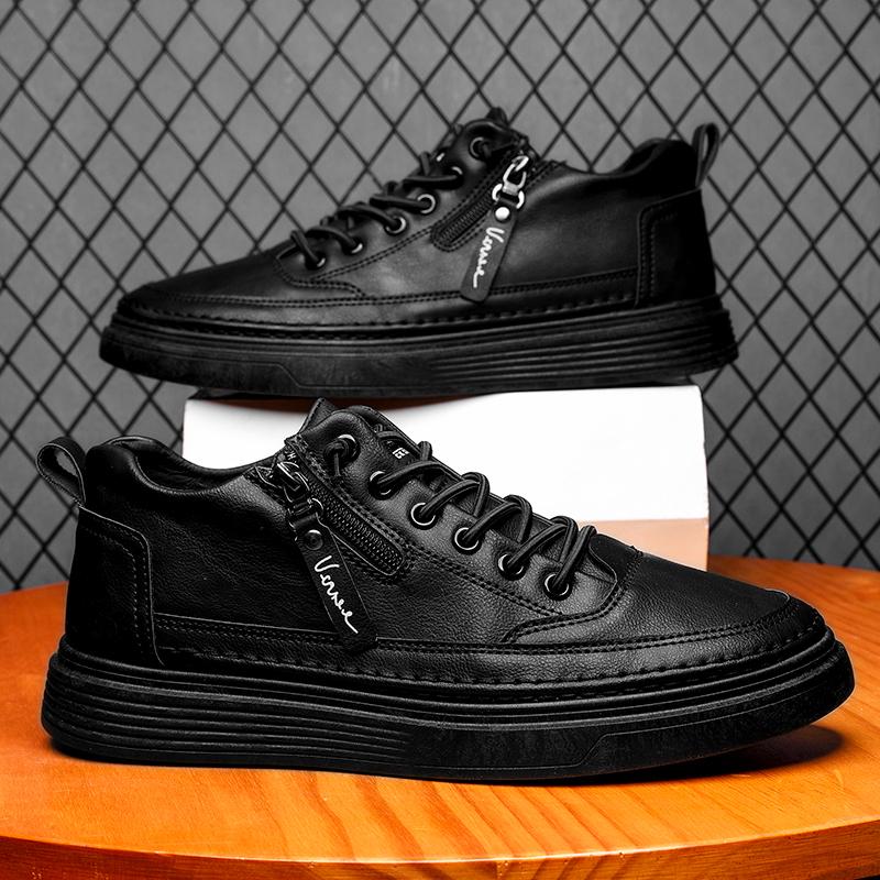 Fashionable zippered leather shoes, comfortable sports shoes, one foot high top leather casual flat ankle boots, men's shoes