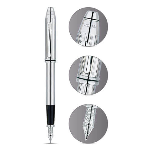 Cross Townsend Lustrous Chrome Fine Fountain Pen W/ S/Steel Nib