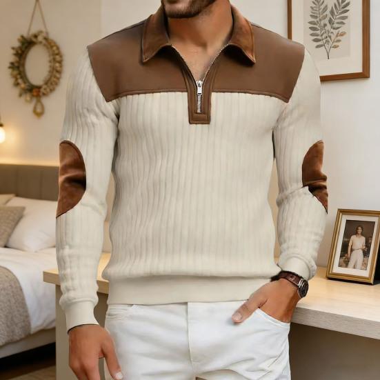 Herr Quarter Zip Tröja Långärmad Nedvikbar Krage Pullover Färgblock Jacquard Sweatshirt med Armbågslappar för Street Daglig Användning