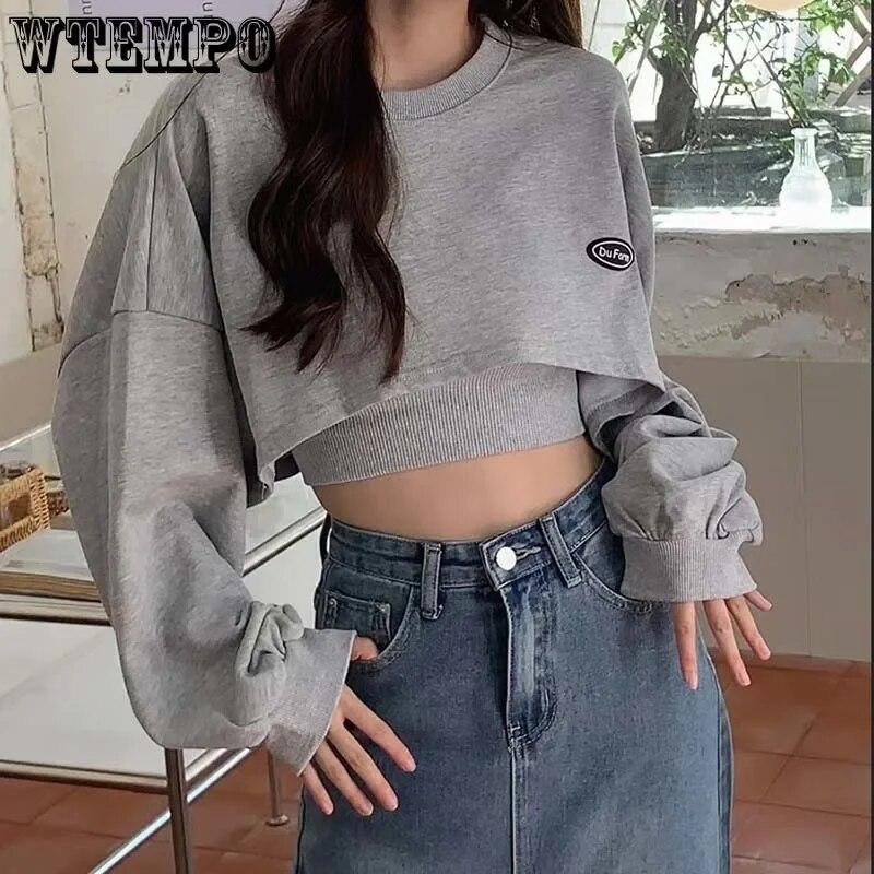 Damen-Sweatshirt, kurz, dünn, schmal, langärmelig, Rundhalsausschnitt, lässig, kurzes Oberteil, Bluse, täglich, lässig, zweiteilig, einfacher Stil, Frühling und Herbst