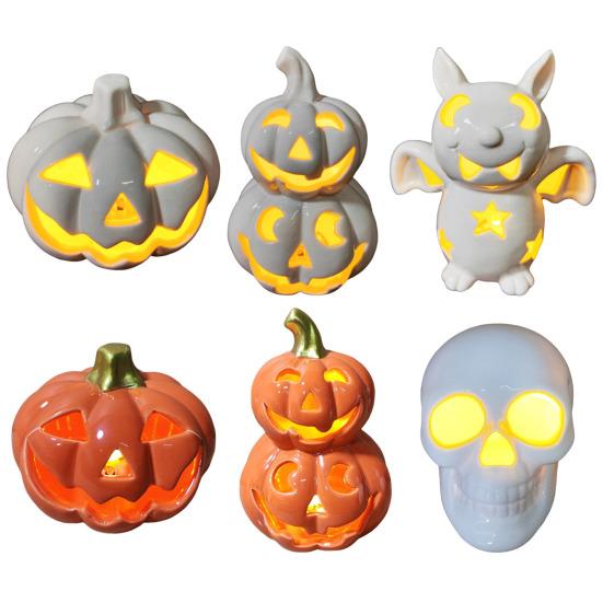Yousheng Light Up Halloween Decoration Ceramic Carved Pumpkin Skull Bat Figurine LED Tabletop Ornament for Halloween Home Shelf Desk Decor