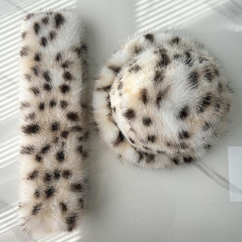 Autumn and winter new imitation lynx scarf hat set leopard print plush bucket hat shows small face thickened warm ear hat