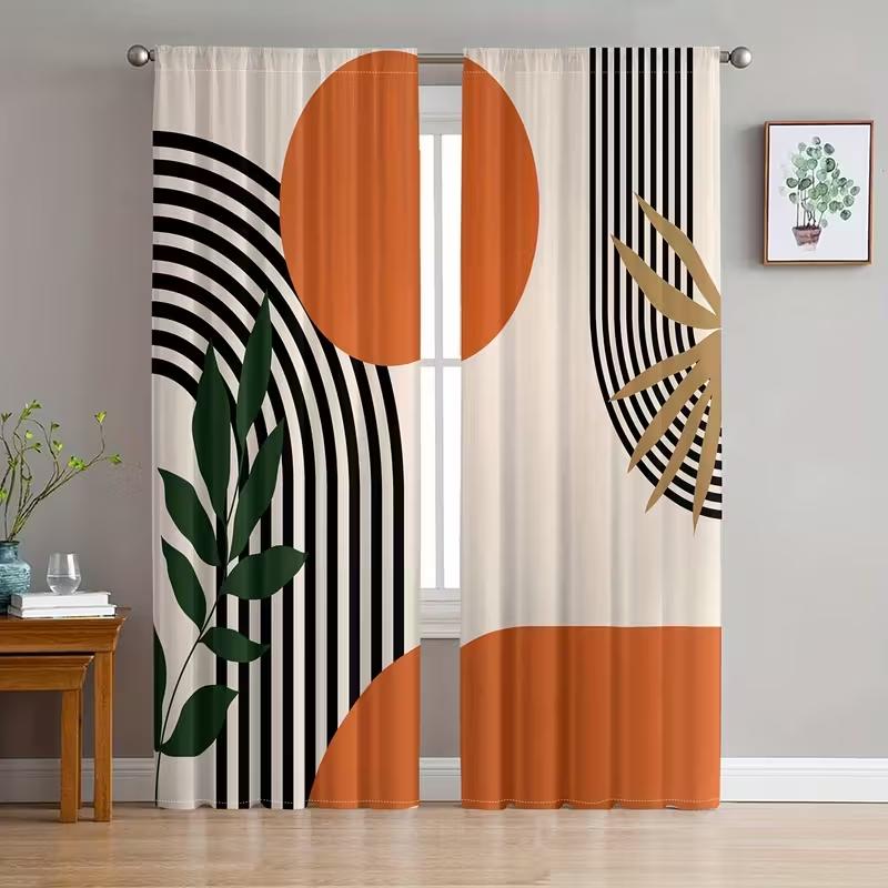

2pcs Geometric Leaf & Color Block Patterned Curtains, Design for Living Room Bedroom Modern Home Window, Rod Pocket Curtains 24x59in(60x150CM)x2&Rod Pocket