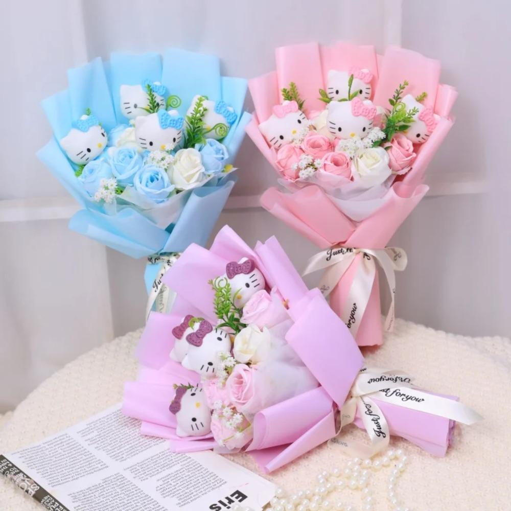 Bambole Gatto Kawaii Hello Kitty con Fiori Artificiali Bouquet Creativo Regali di Natale San Valentino Compleanno Laurea